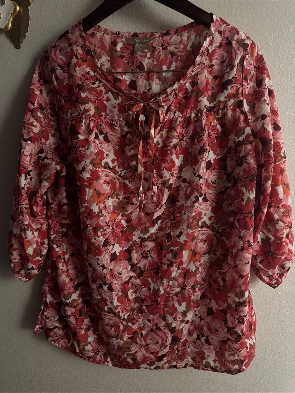 White Stag Pink Floral Tie-Neck Blouse